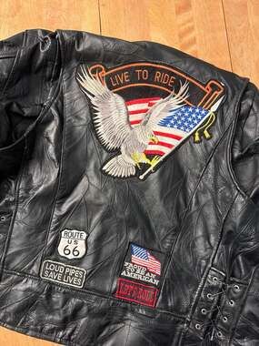 Vintage Diamond Plate Buffalo Leather Motorcycle Jacket with Eagle and Flag Patc